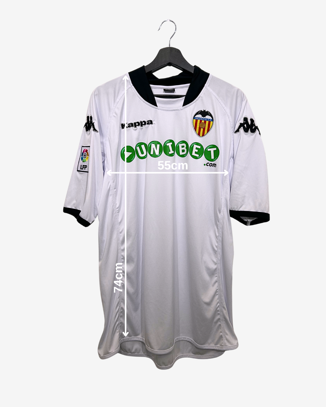 White sports jersey with branding on a white background