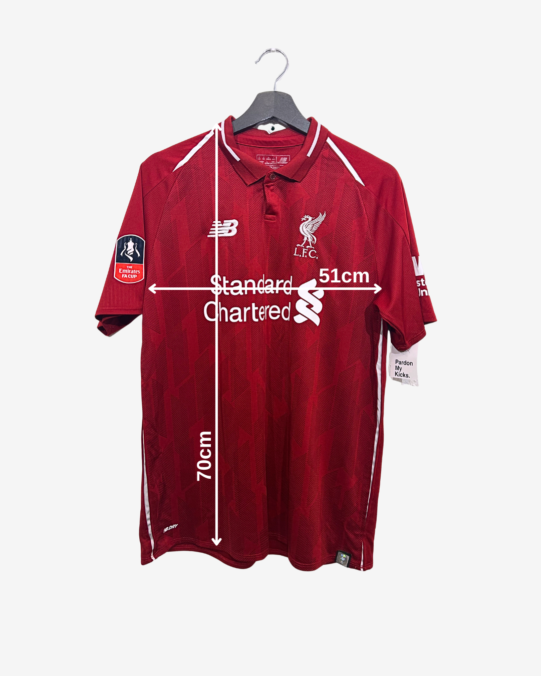 Red sports jersey with branding on a hanger, showing measurements.