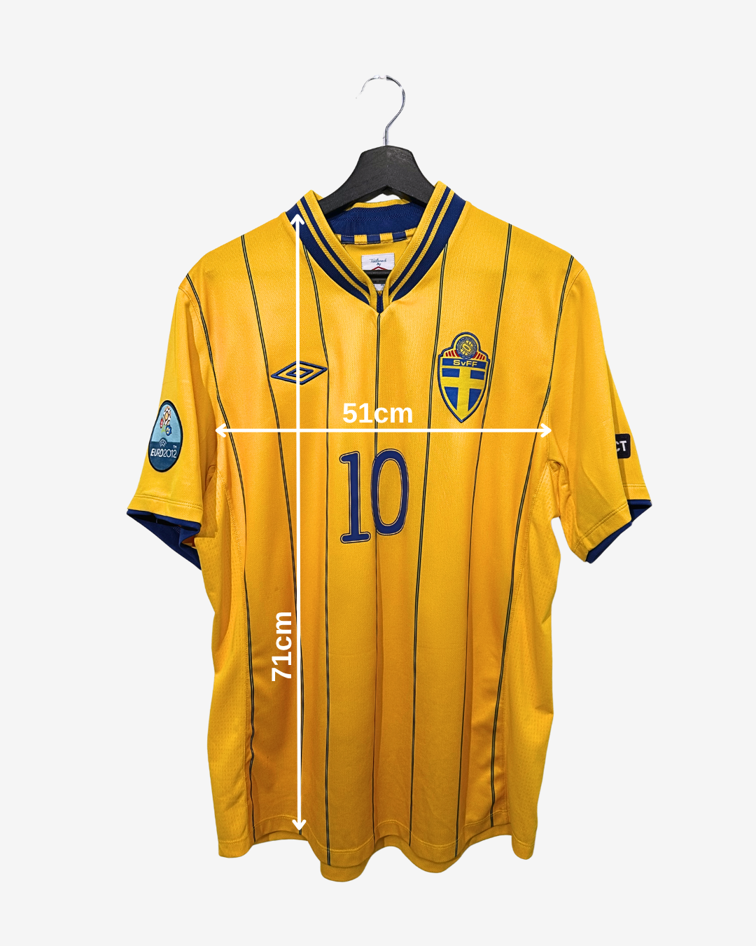 Yellow sports jersey with number 10 on a hanger, showing measurements.