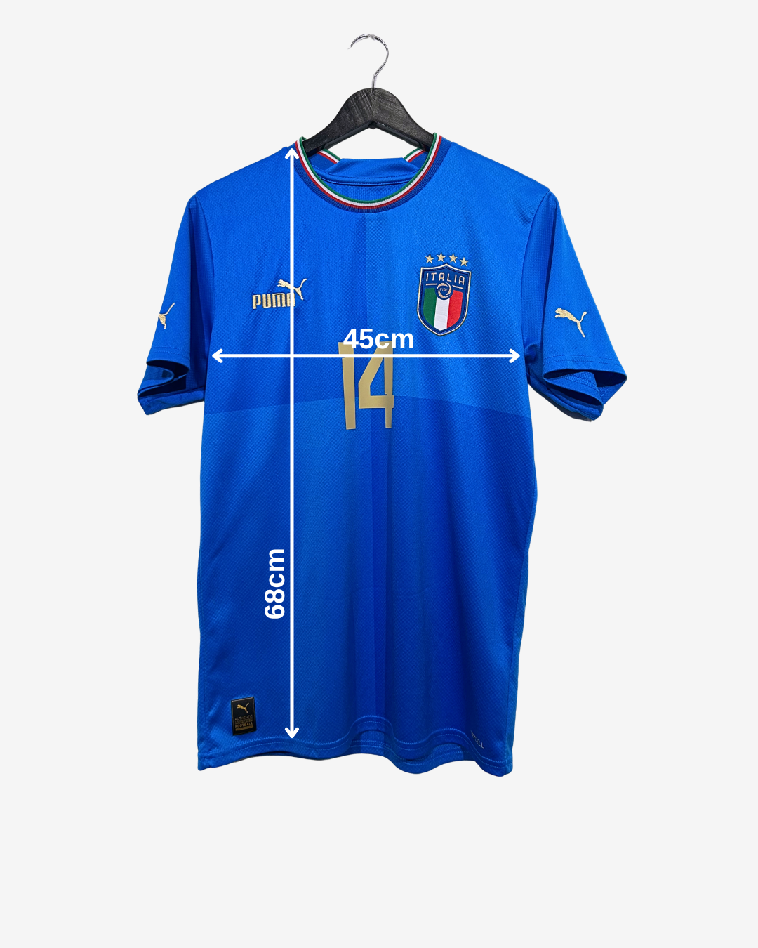 Blue sports jersey with measurements on a white background