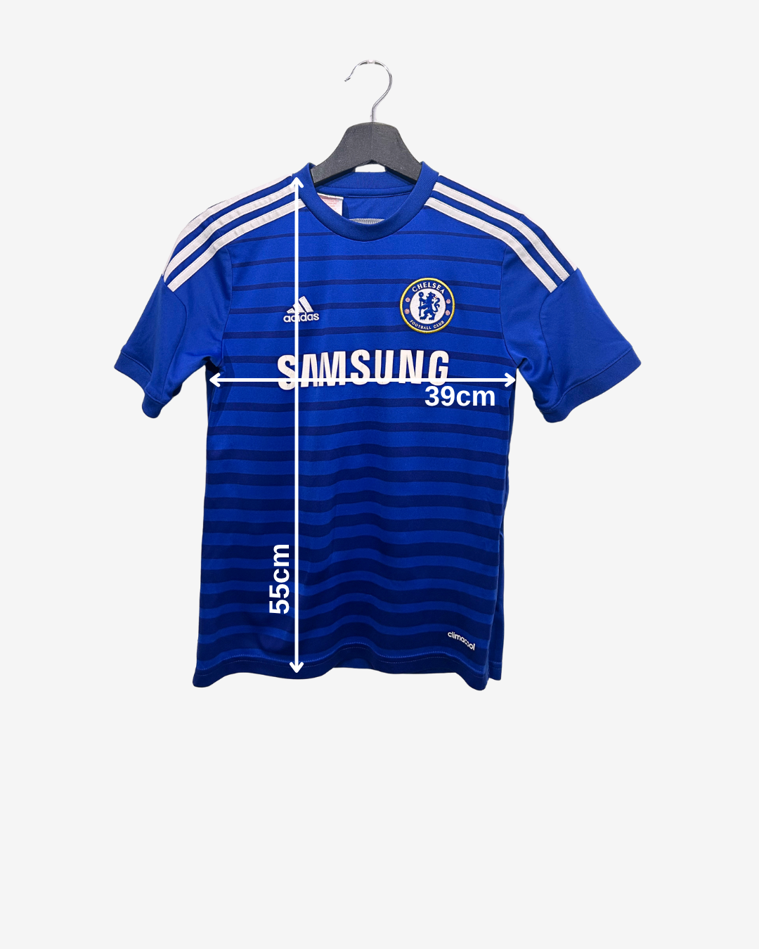 Blue sports jersey with branding on a hanger, showing measurements.