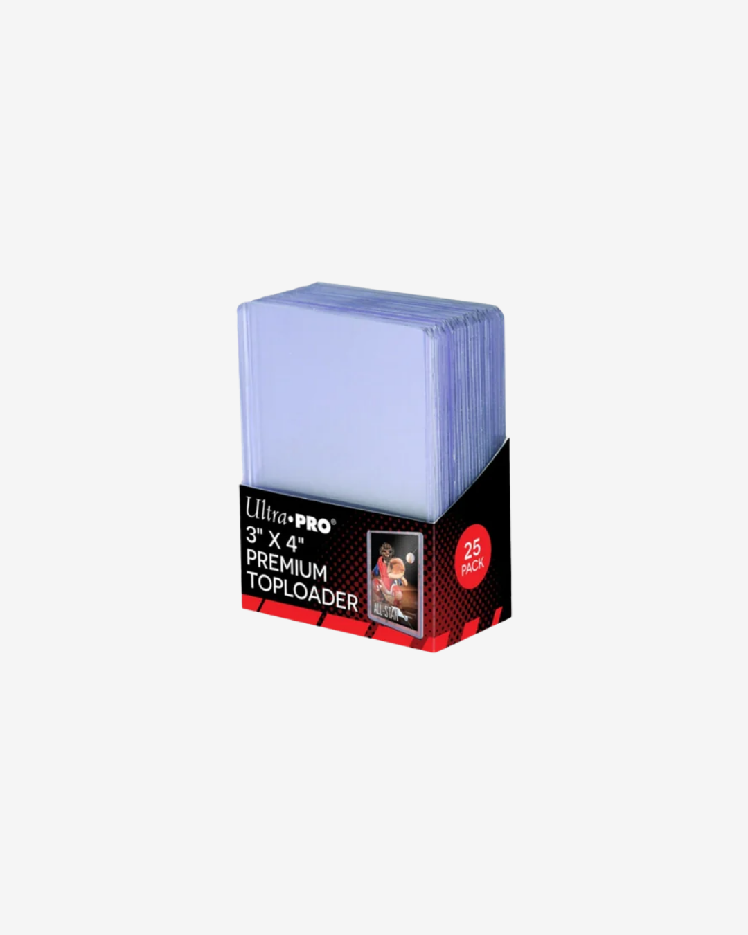 A pack of Ultra Pro 3x4" Premium Toploader sleeves, showing a stack of light blue sleeves in black and red retail packaging against a light gray background.