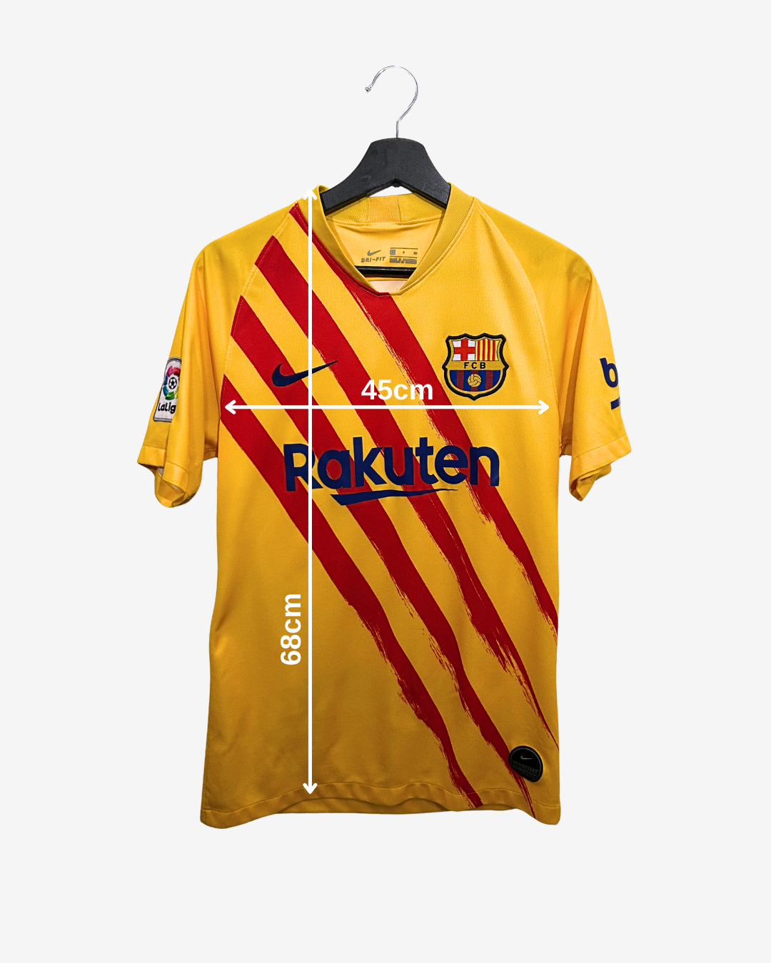 Yellow sports jersey with red stripes on a hanger, featuring brand logos and measurements.