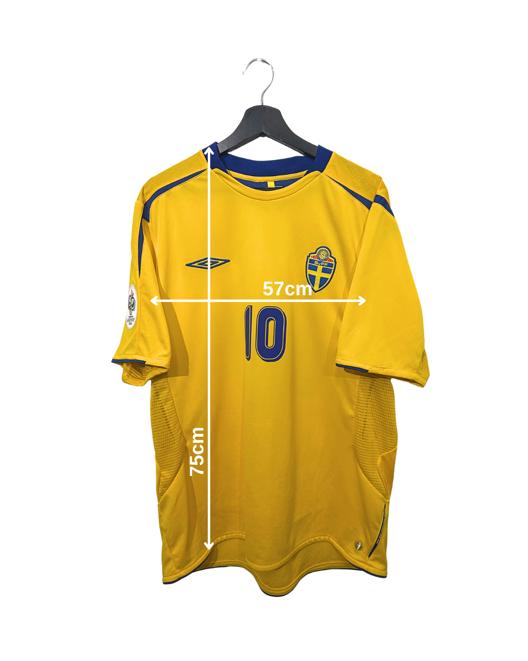 Yellow sports jersey with measurements on a white background