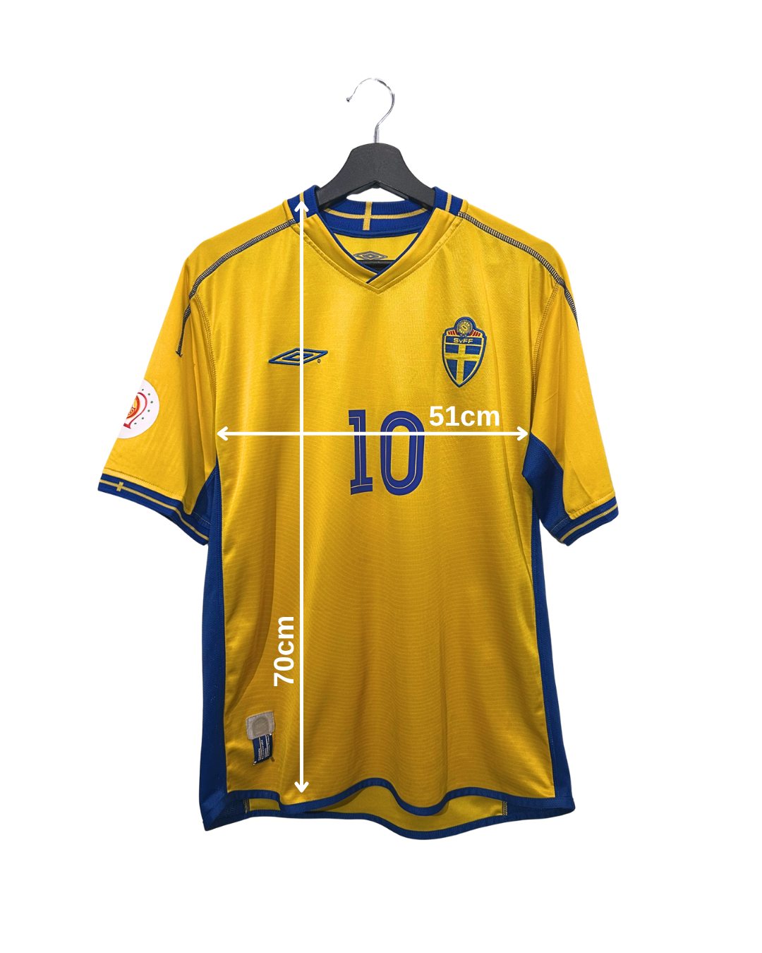 Yellow sports jersey with blue accents on a hanger, showing measurements.