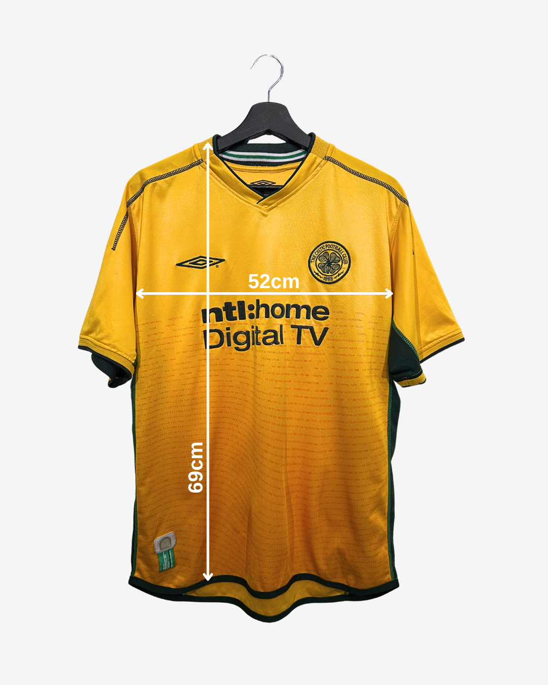 Yellow sports jersey with measurements on a white background