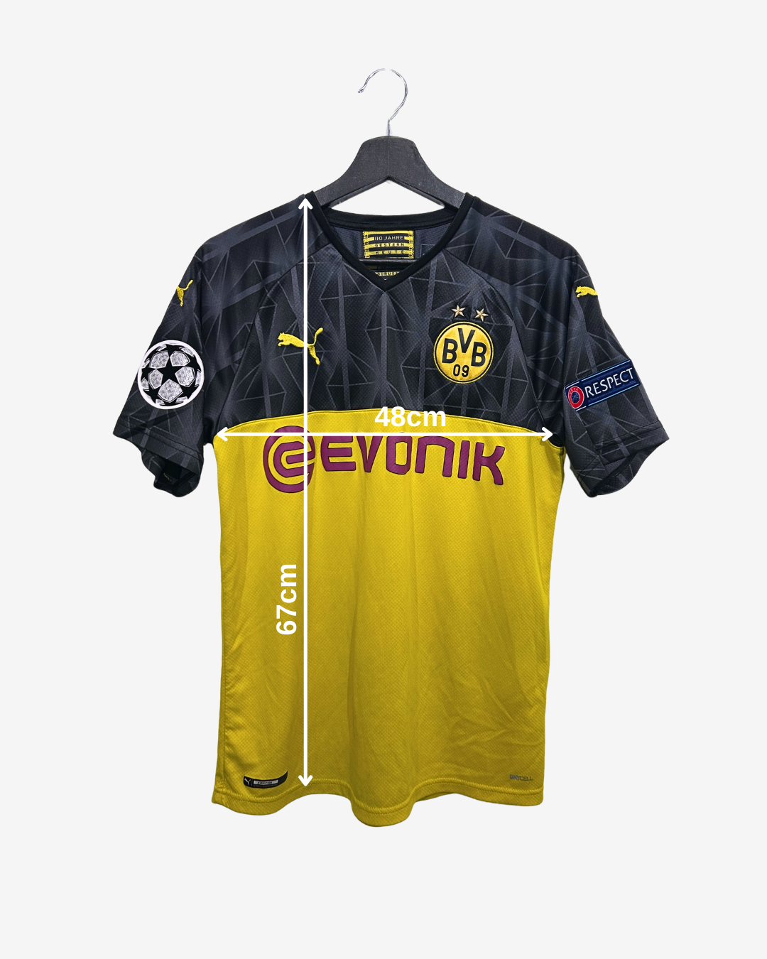 Black and yellow sports jersey with branding on a white background