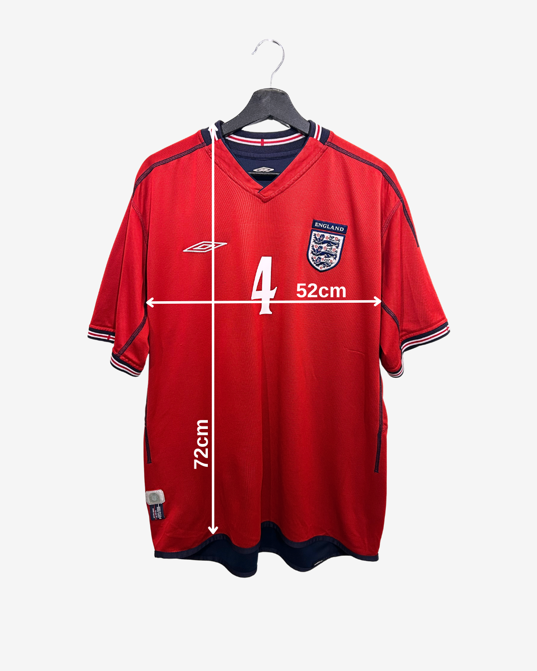 Red sports jersey with measurements on a white background