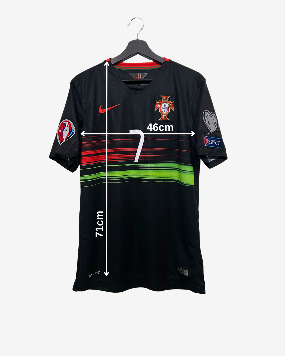 Black sports jersey with measurements on a white background