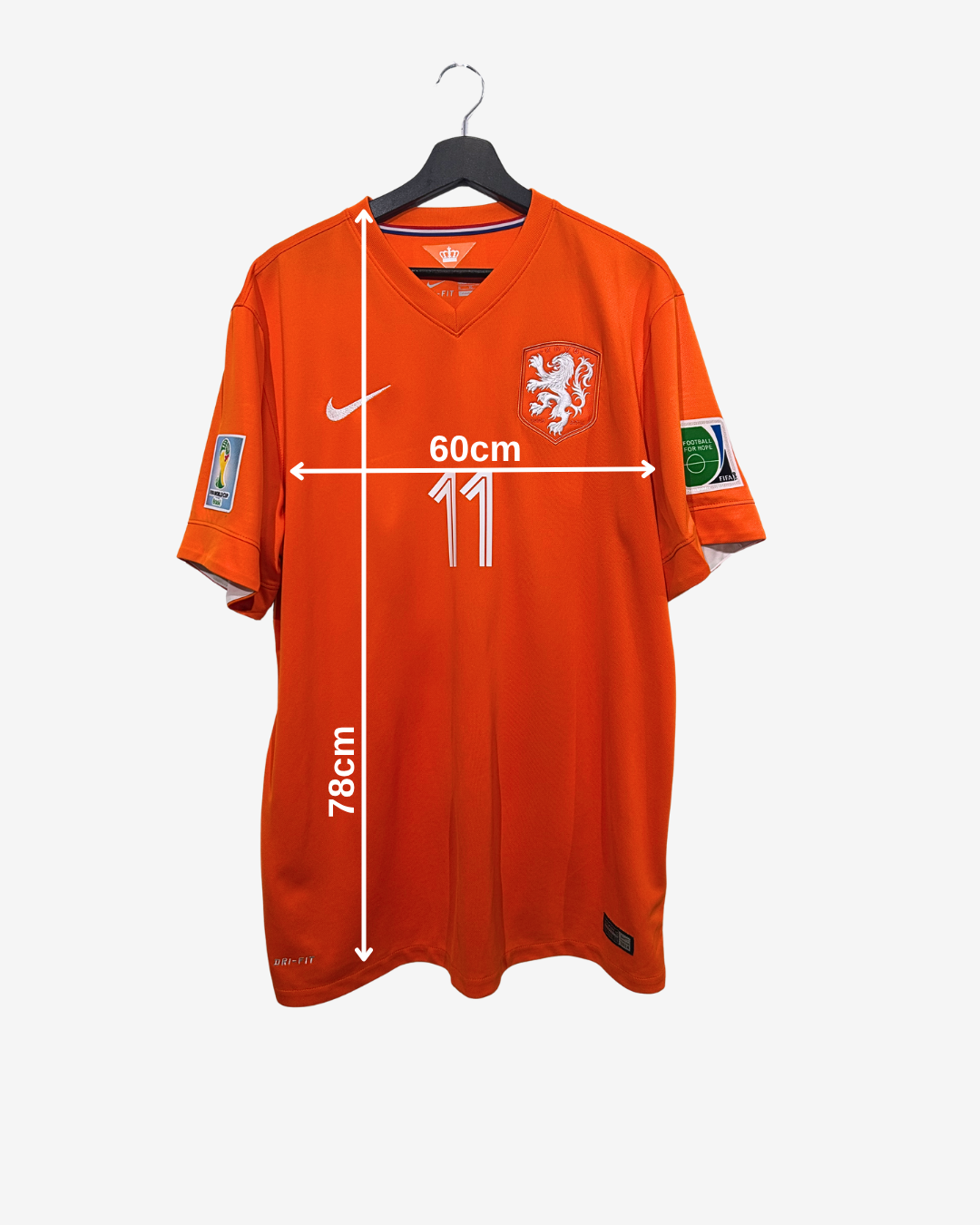 Orange sports jersey with measurements on a white background