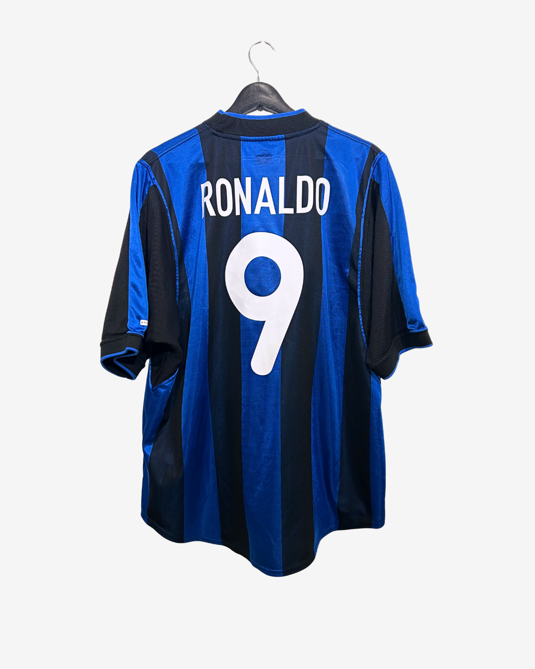 Blue and black sports jersey with 'RONALDO' and number '9' on a white background