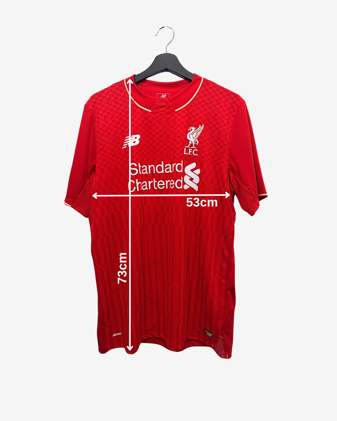 Red sports jersey with measurements on a white background