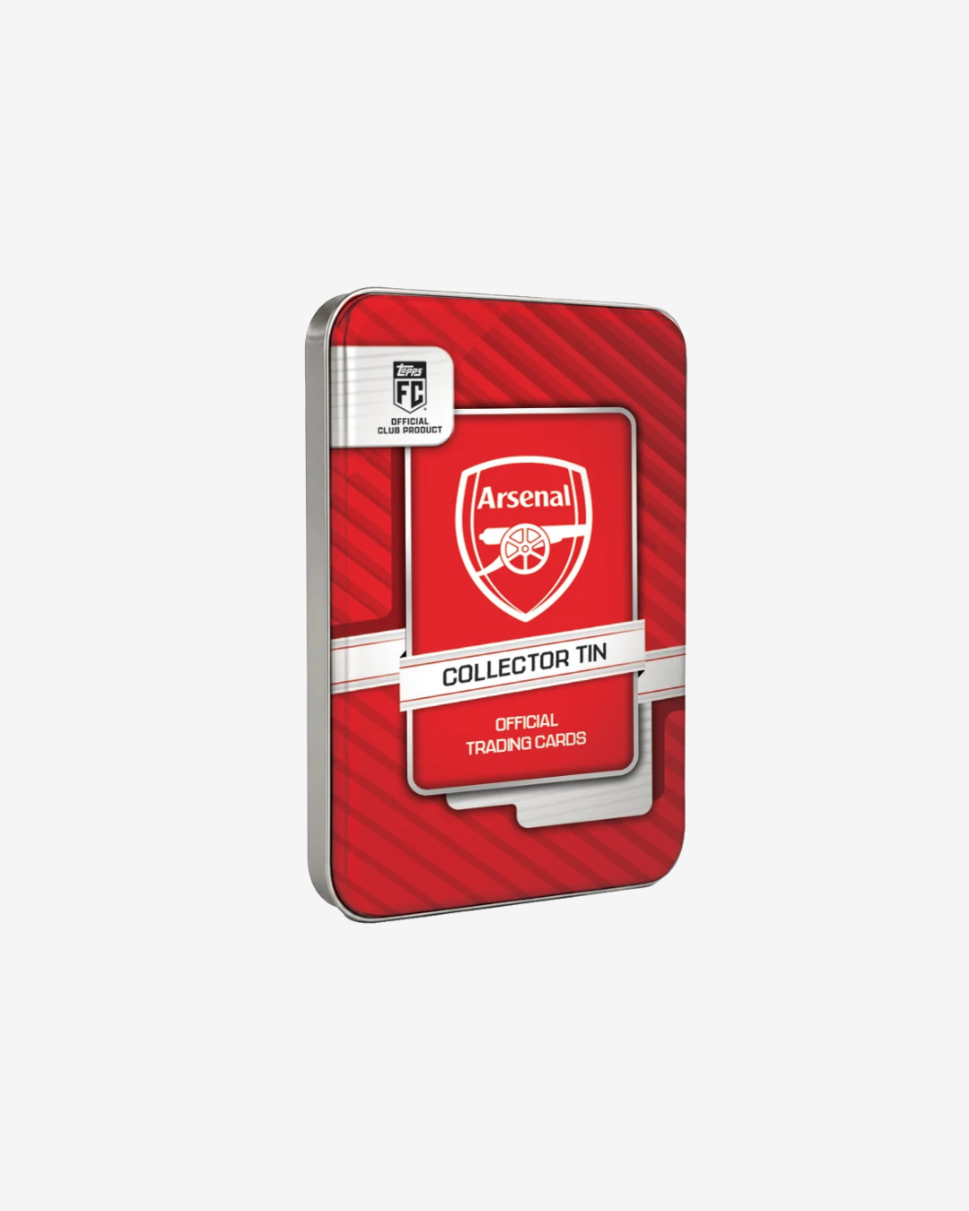 An official Arsenal football club collector tin package, featuring the club's crest on a red background with diagonal stripes and a silver band reading 'COLLECTOR TIN'.