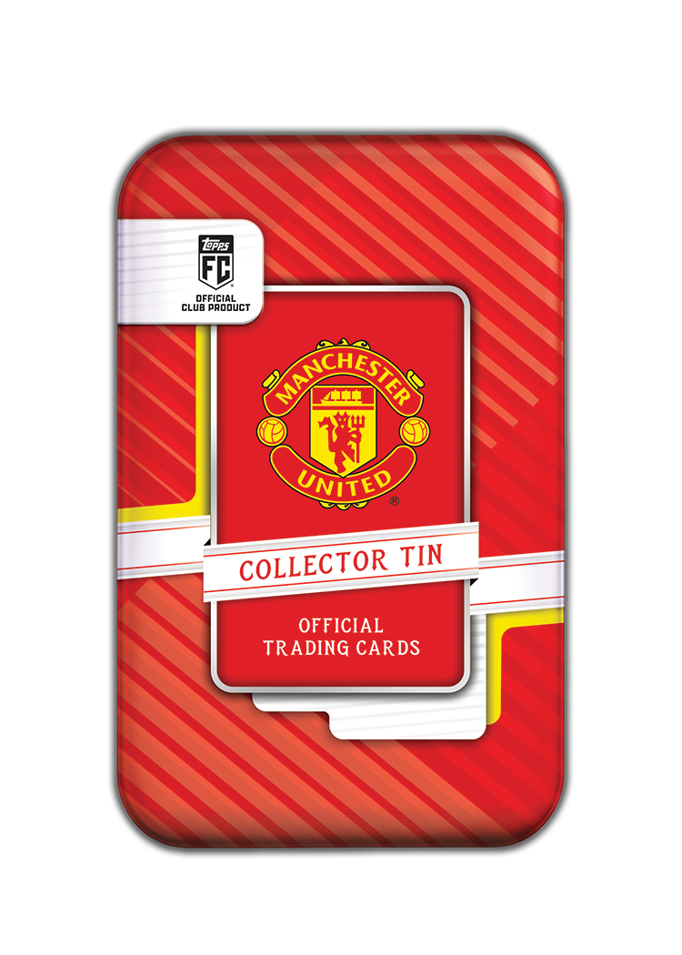 Official Manchester United collector tin containing trading cards, featuring the red and yellow club crest on the front with diagonal red stripes and white accents.
