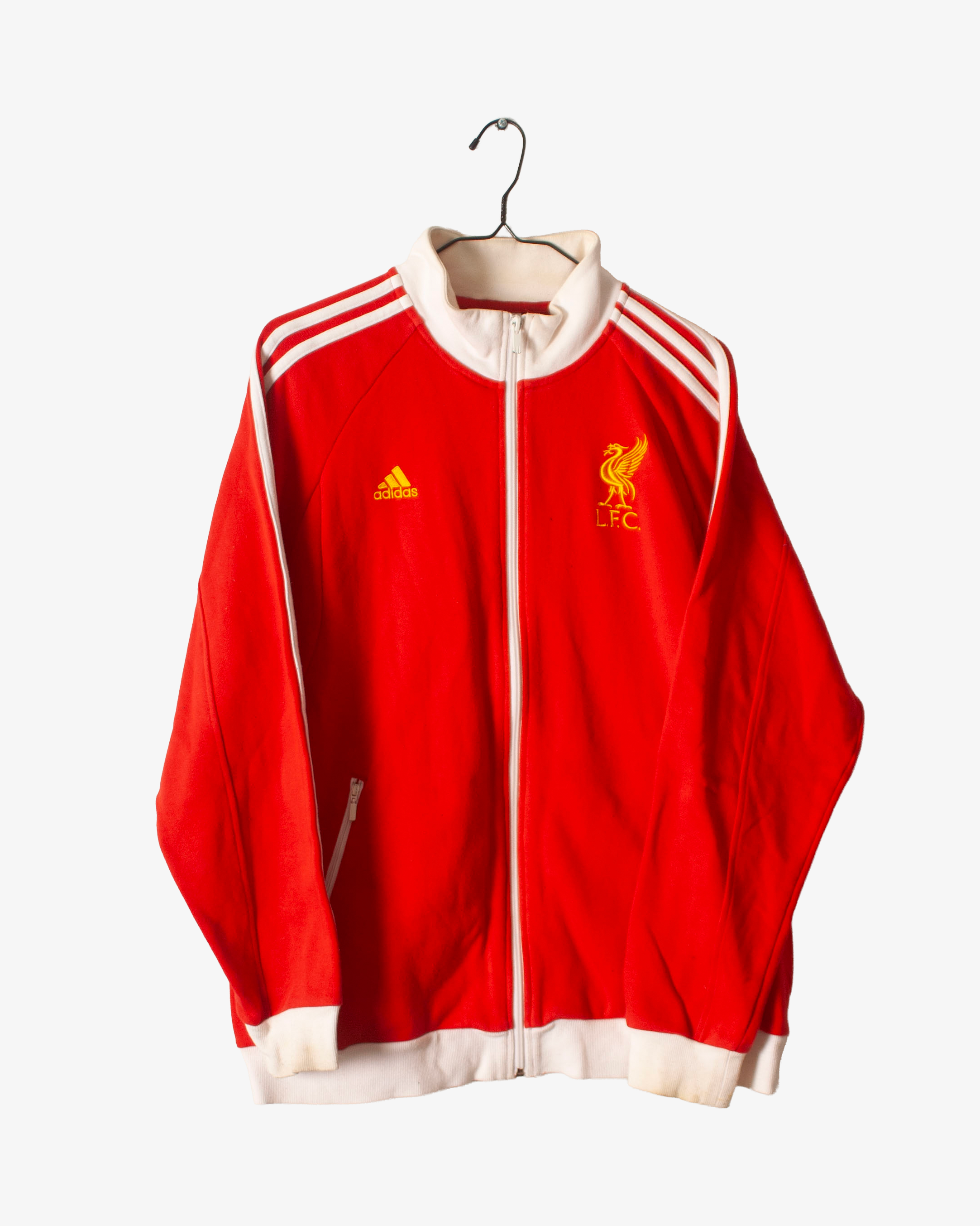 Red jacket with Adidas and Liverpool FC logos on a white background