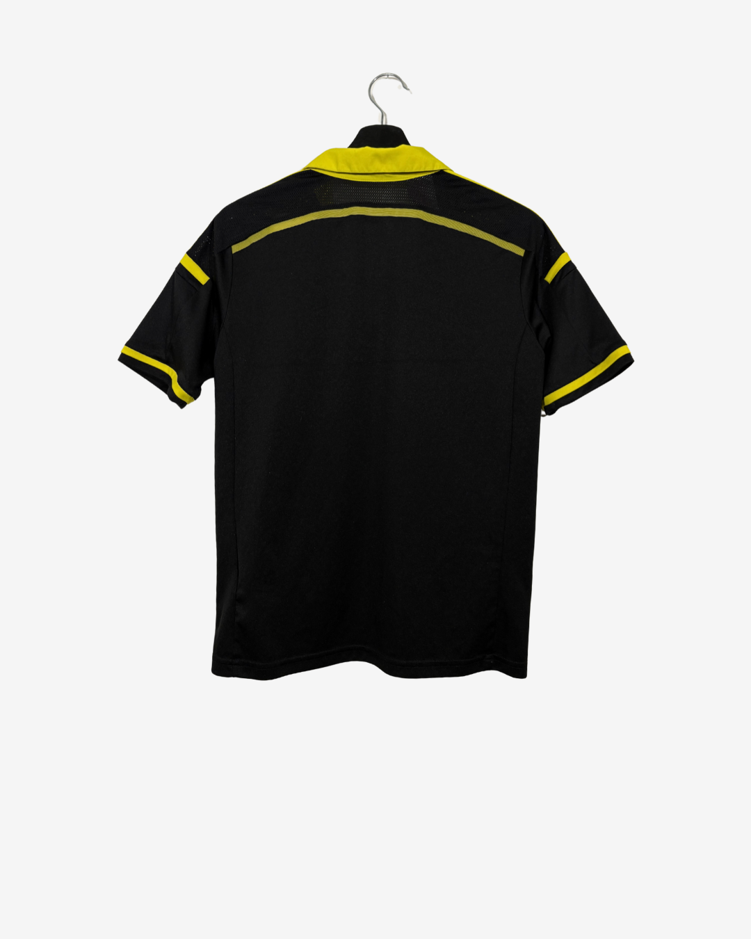 Black short-sleeve athletic jersey shown from the back on a hanger, featuring a bright yellow collar, a curved yellow stripe across the upper back, and yellow piping on the sleeves.
