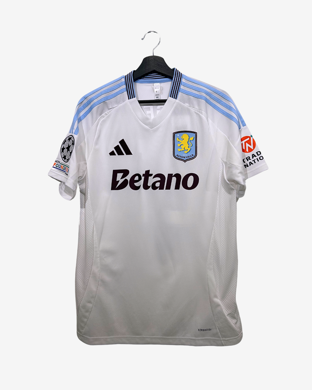 White sports jersey with branding on a white background