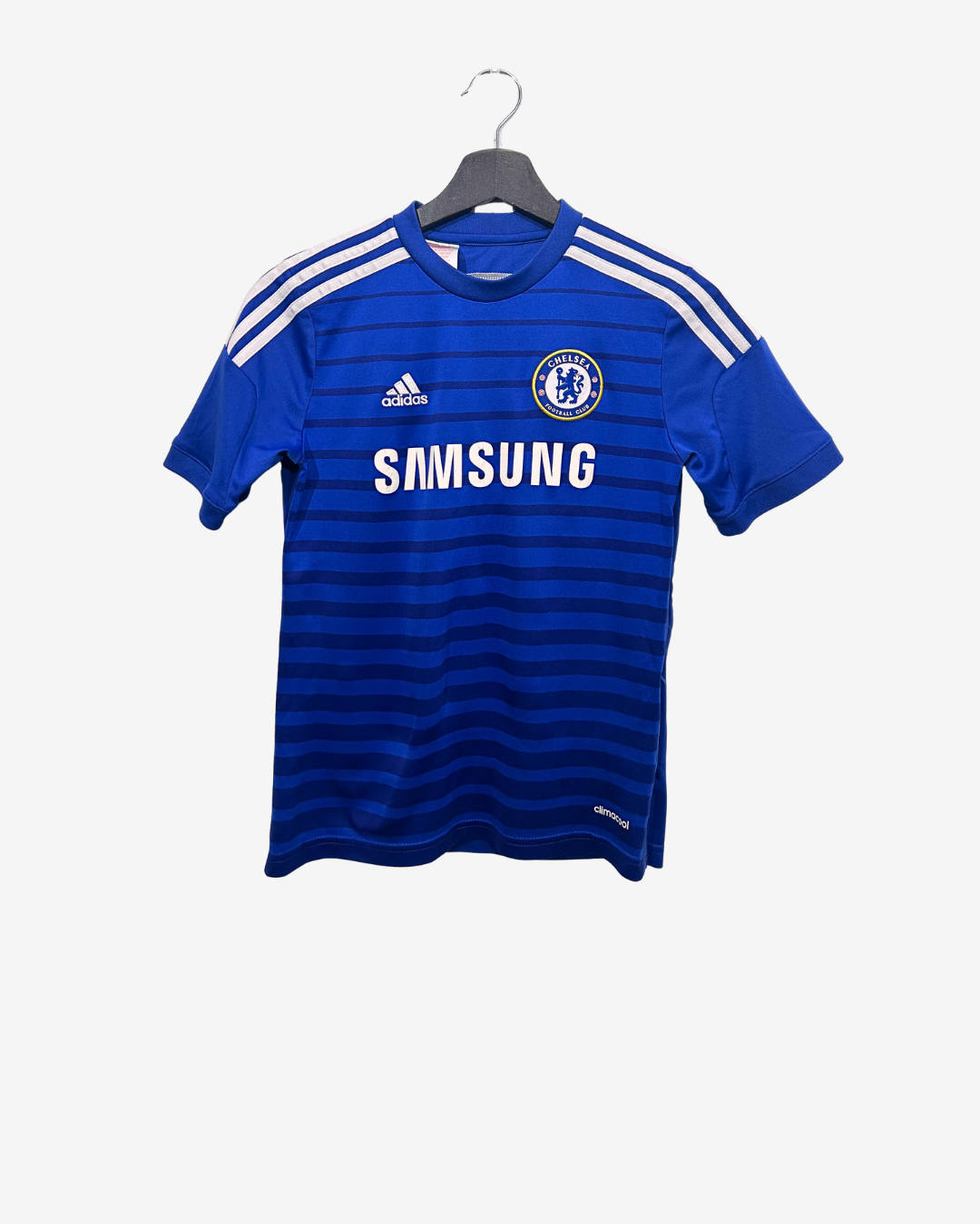 Blue sports jersey with Adidas and Samsung logos on a hanger against a white background