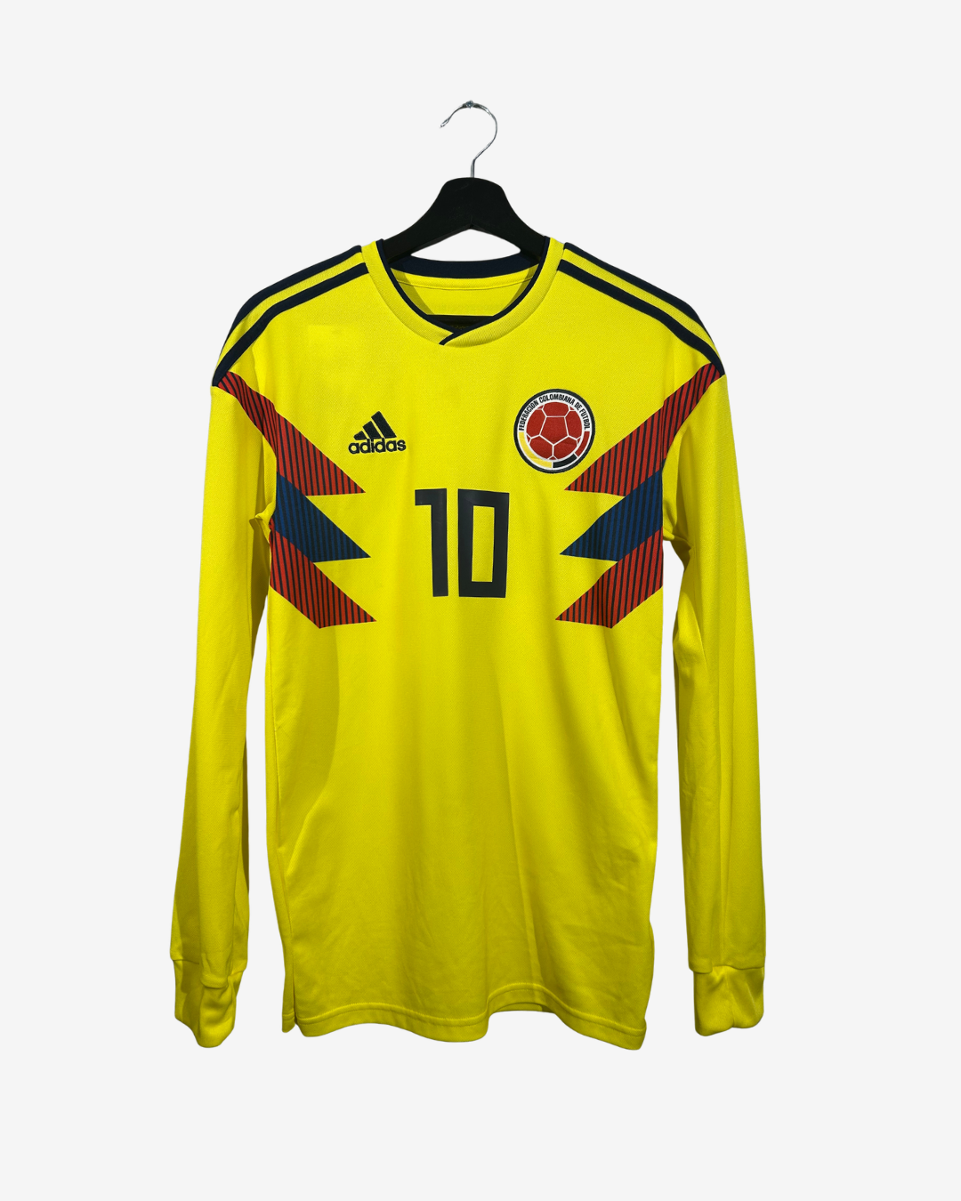 Yellow soccer jersey with red and blue accents, number 10, and Adidas logo on a hanger against a white background.