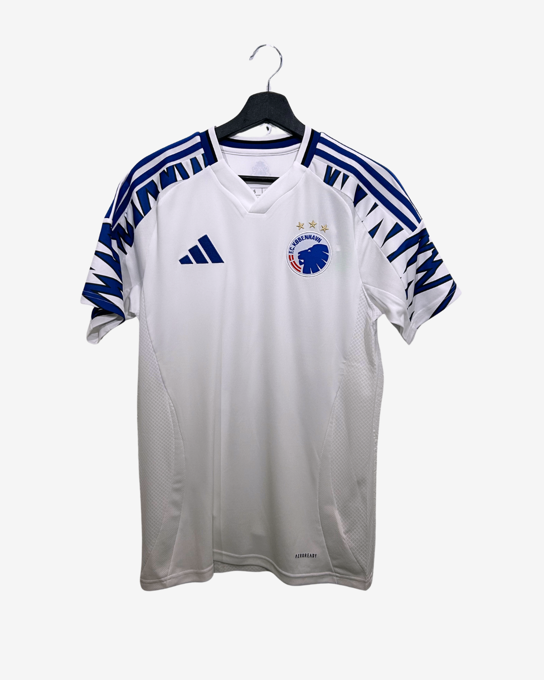 White sports jersey with blue accents on a hanger against a white background