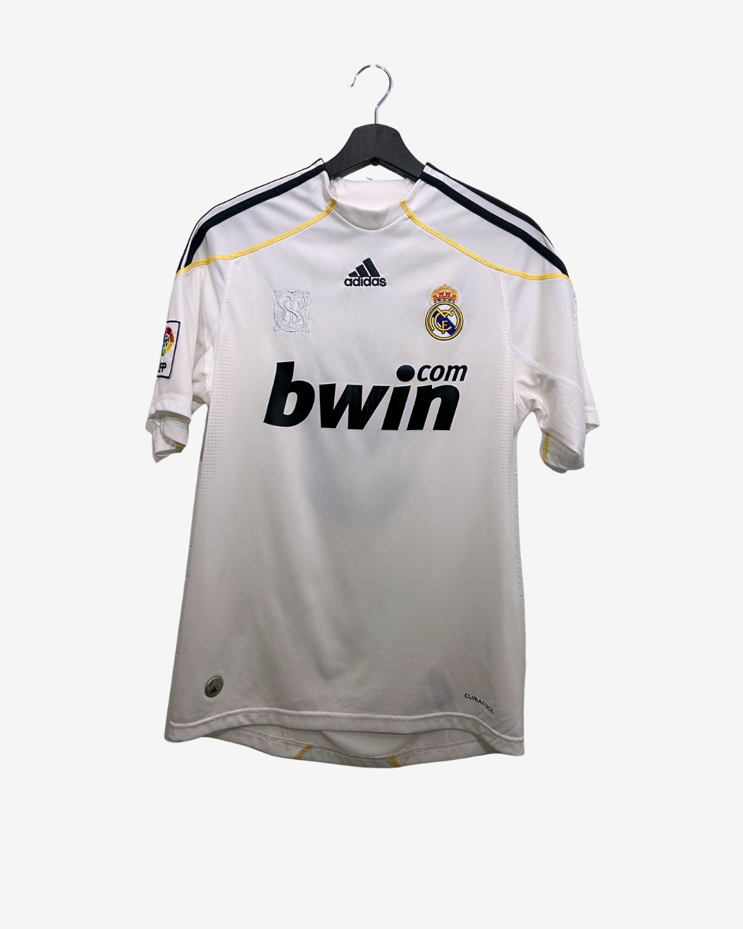 White sports jersey with black Adidas logo and 'bwin' branding on a hanger against a white background