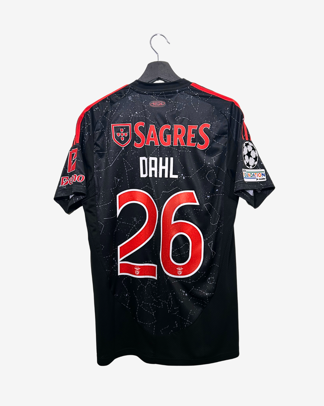 Black sports jersey with red and white text on a hanger against a white background