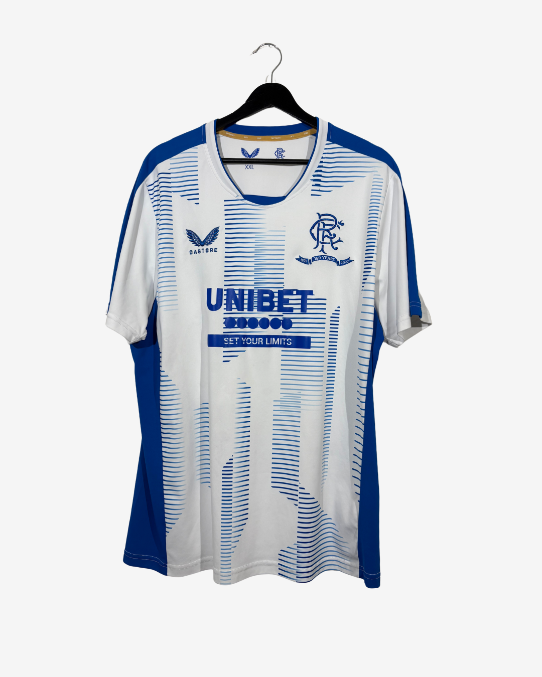 A white and blue striped RC Lens football jersey hanging on a black hanger against a light gray background. The jersey features the RC Lens crest on the left chest, a sponsor logo 'UNIBET' in the center, and the Eupro brand logo on the right chest.