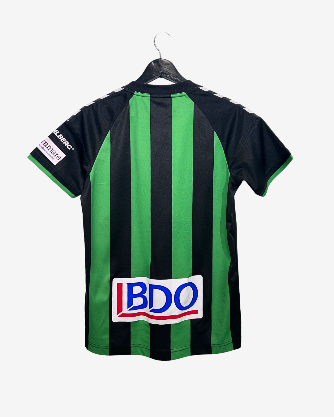 Green and black striped sports jersey with BDO logo on a hanger