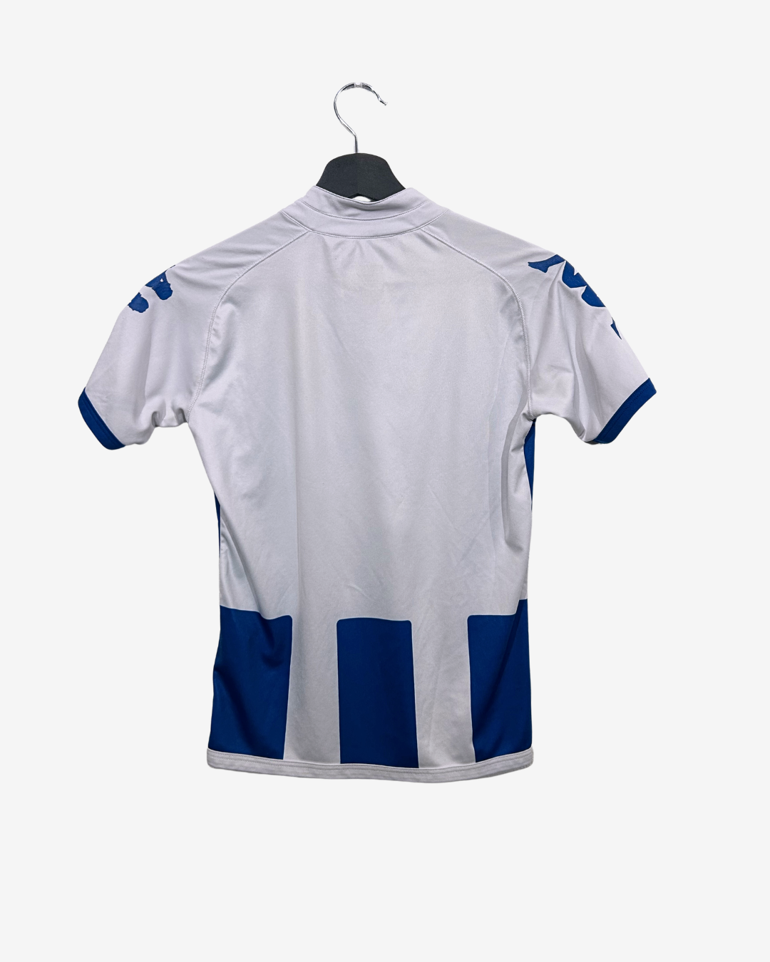 White cycling jersey with blue accents on a hanger against a white background