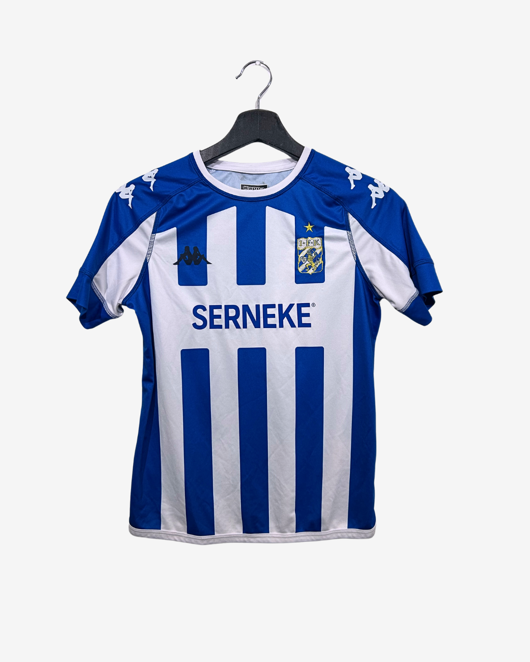 Blue and white striped sports jersey with 'SERNEKE' branding on a hanger against a white background