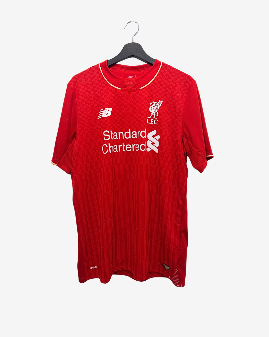 Red sports jersey with branding on a hanger against a white background