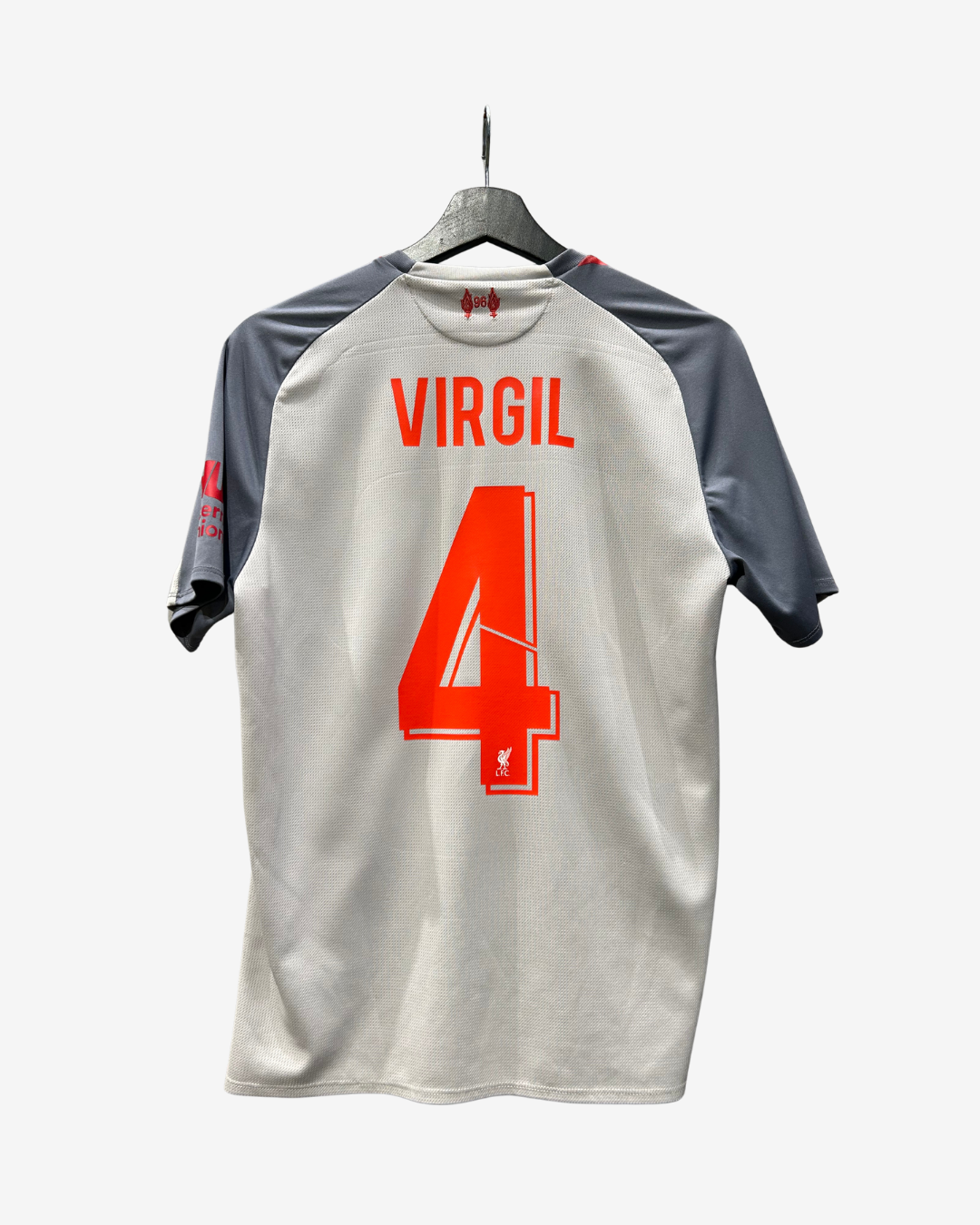 A short-sleeve sports jersey displayed on a hanger against a light gray background. The back of the jersey is light gray with dark gray sleeves and a large red 'VIRGIL 4' print on the back.