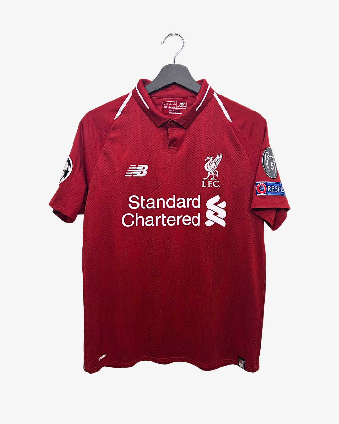 Red sports jersey with branding on a white background