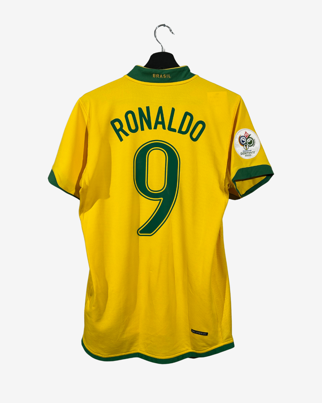Yellow soccer jersey with 'RONALDO' and number '9' on a hanger