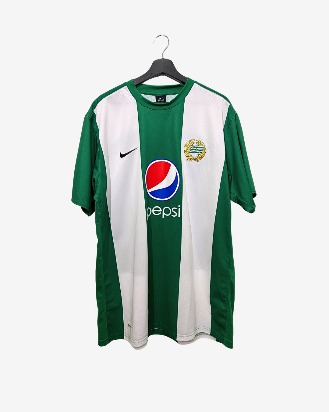 Green and white sports jersey with Pepsi logo on a hanger against a white background