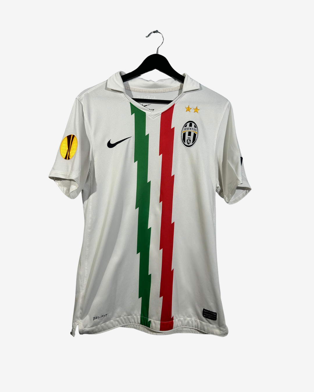 White sports jersey with red, green, and black stripes on a white background