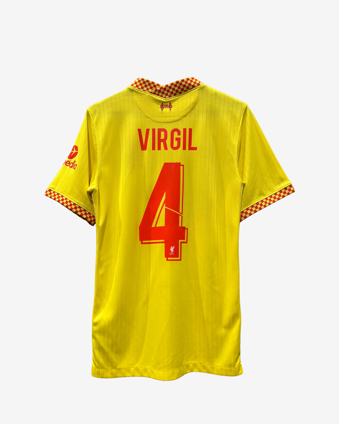 Yellow Spain national football team jersey with 'VIRGIL' and number 4 printed in red on the back, featuring red and yellow checkered trim on the collar and sleeve cuffs.