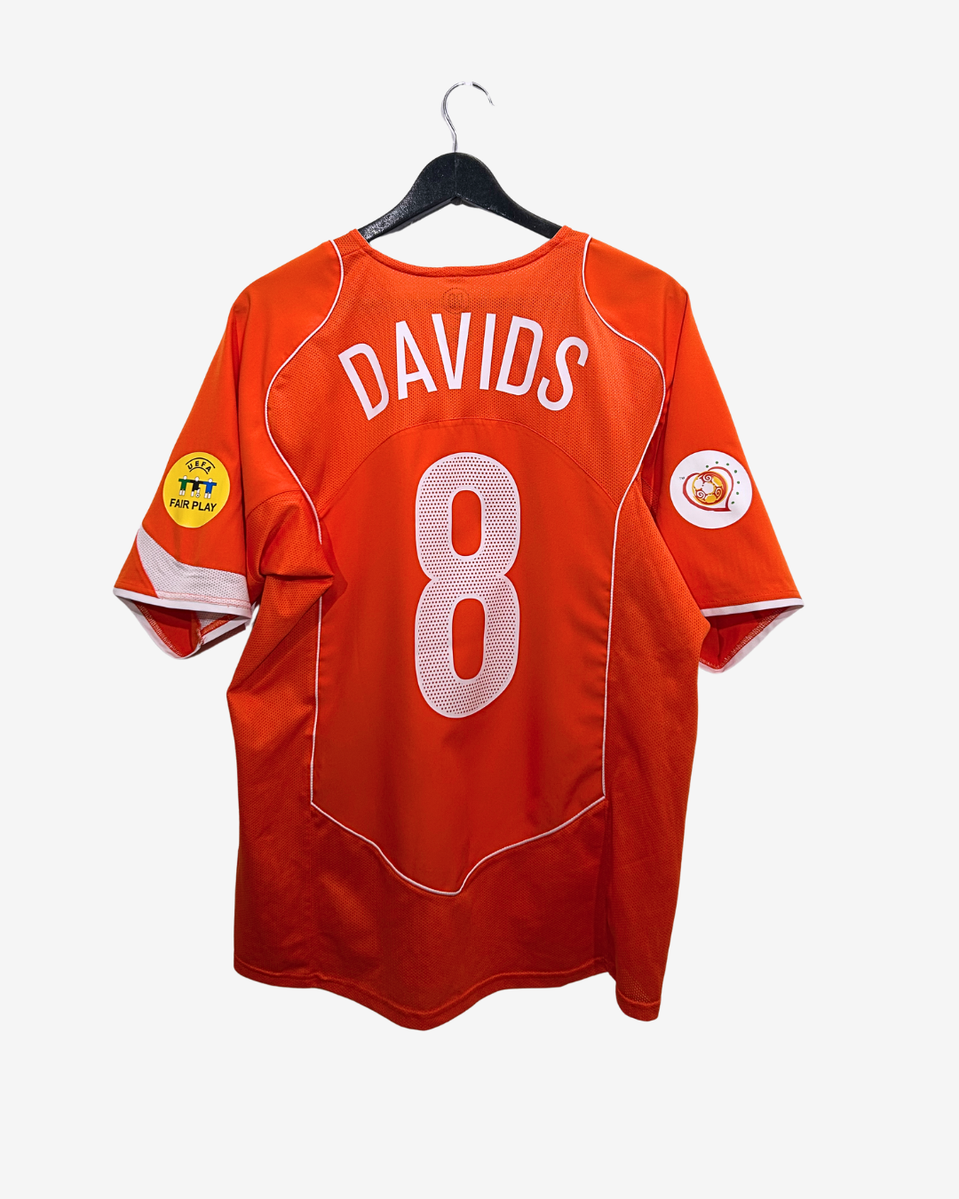Orange sports jersey with 'DAVIDS' and number '8' on a hanger against a white background