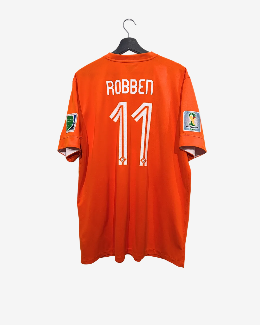 Orange sports jersey with 'Robben' and number '11' on a hanger against a white background