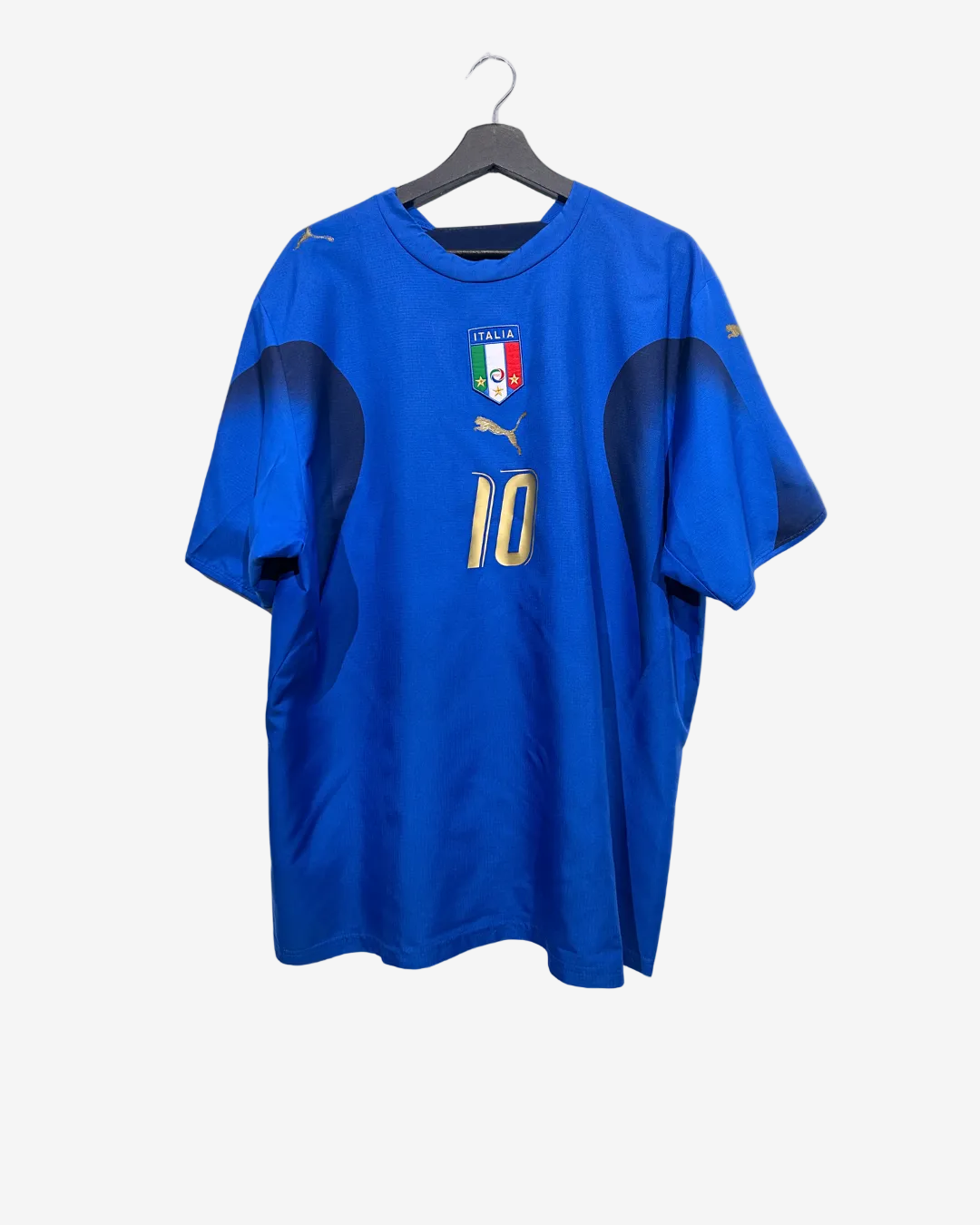 Blue soccer jersey with number 10 and Italian flag on a hanger against a white background