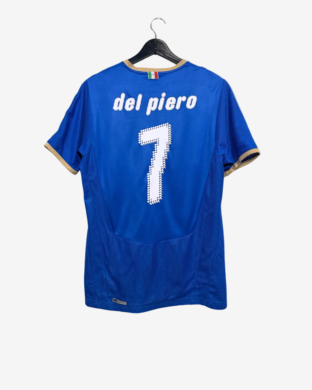 Blue sports jersey with 'del Piero' and number '7' on a hanger against a white background
