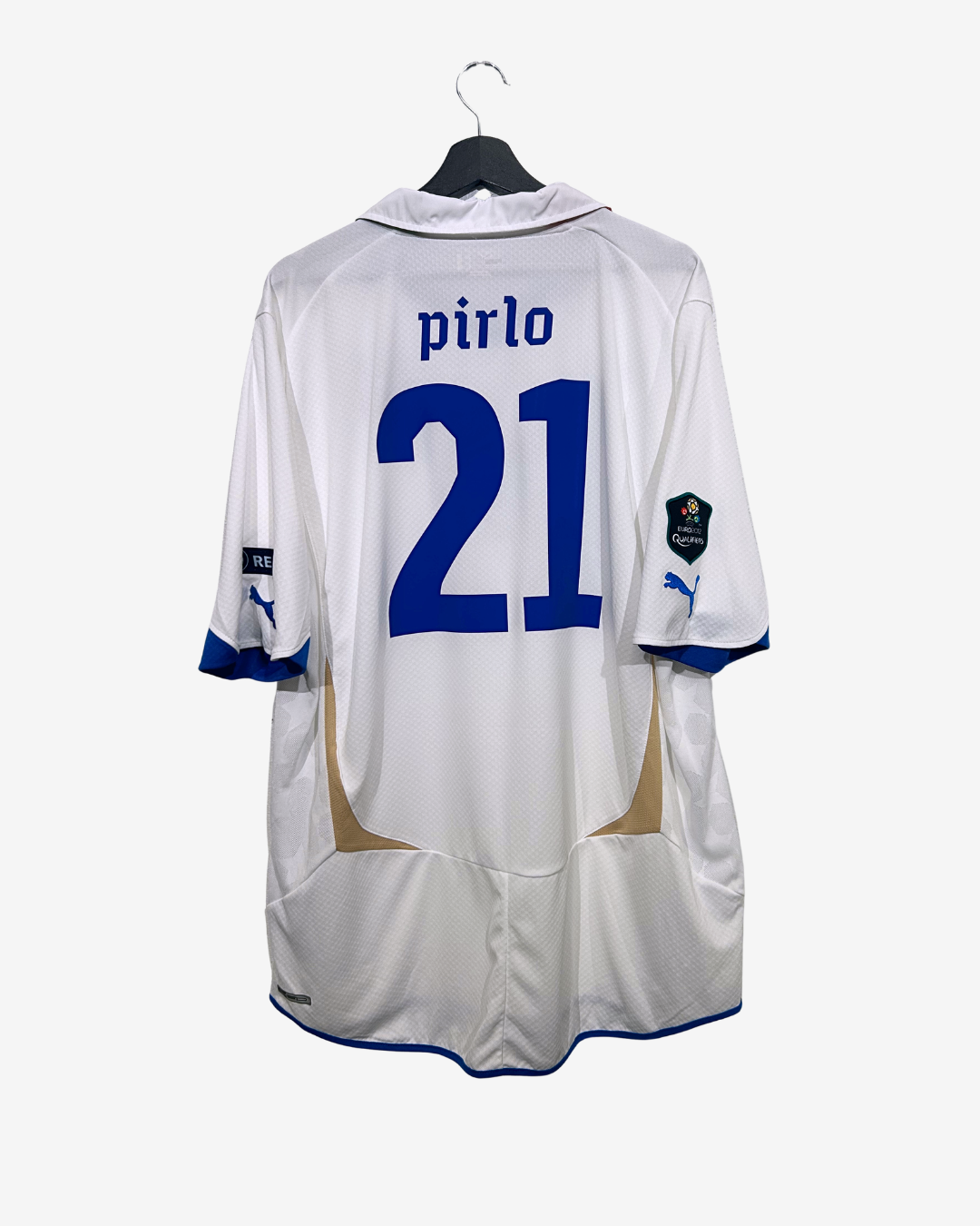 White sports jersey with blue numbering and text on a white background