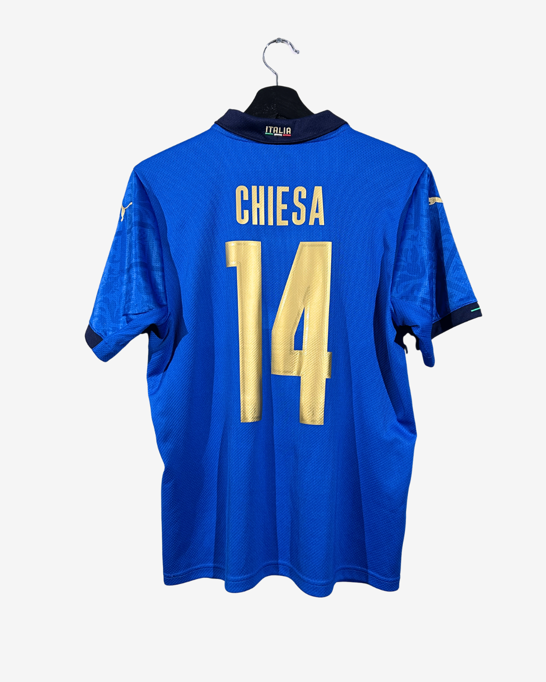 Blue sports jersey with 'CHIESA' and number '14' on a white background