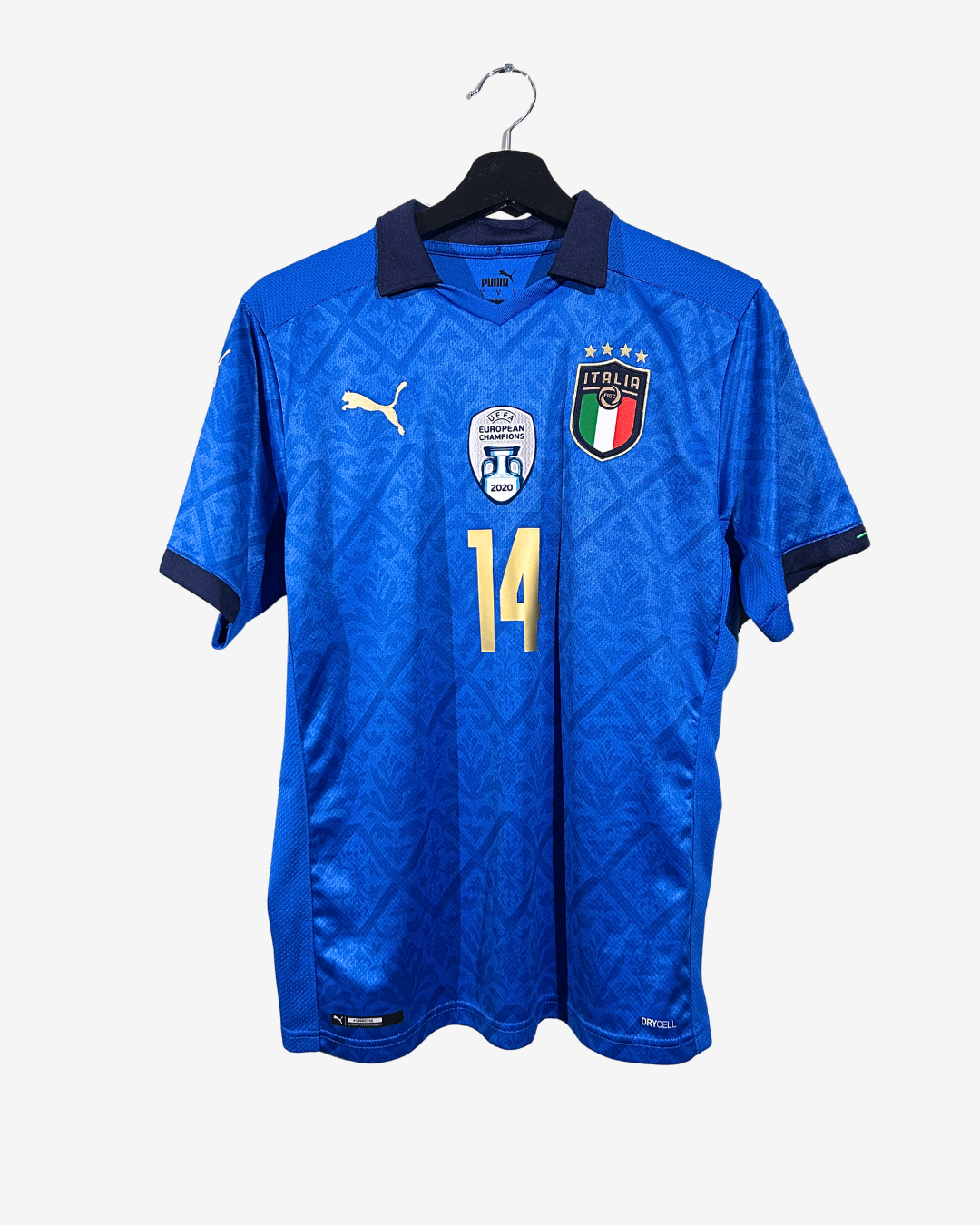 Blue sports jersey with number 14 on a hanger against a white background