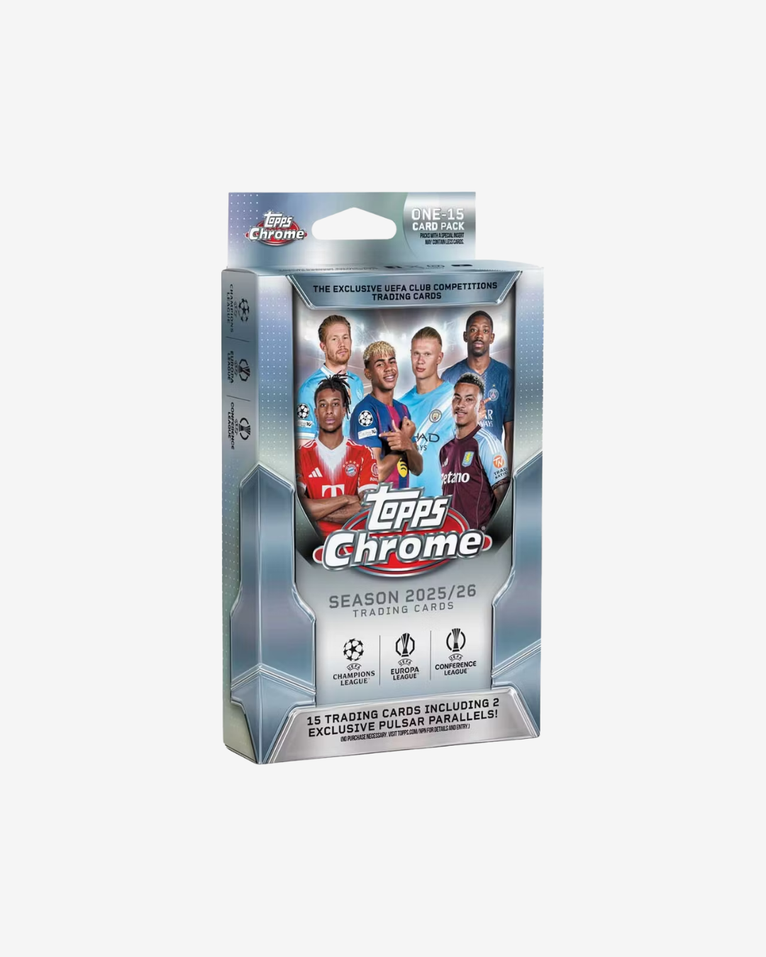Topps Chrome Season 2025/26 Trading Cards blister pack packaging on a light gray background.