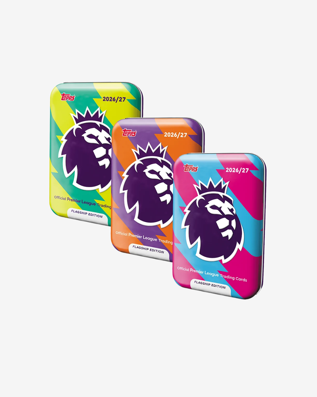 Three rectangular metal tin packs of Topps 2026/27 Football League Starting Cards displayed in a staggered fan arrangement on a light gray background.