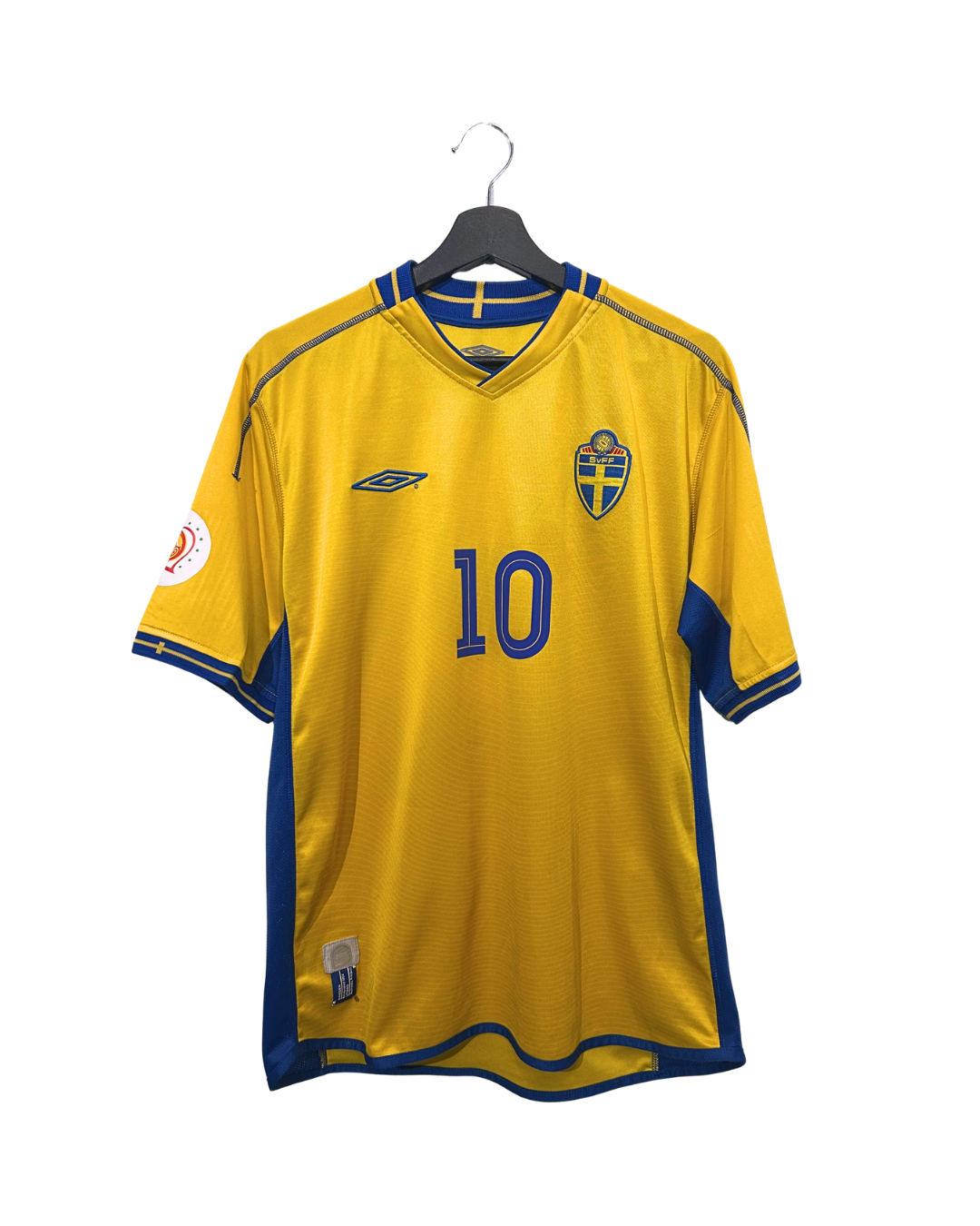 Yellow soccer jersey with blue accents and number 10 on a hanger against a white background