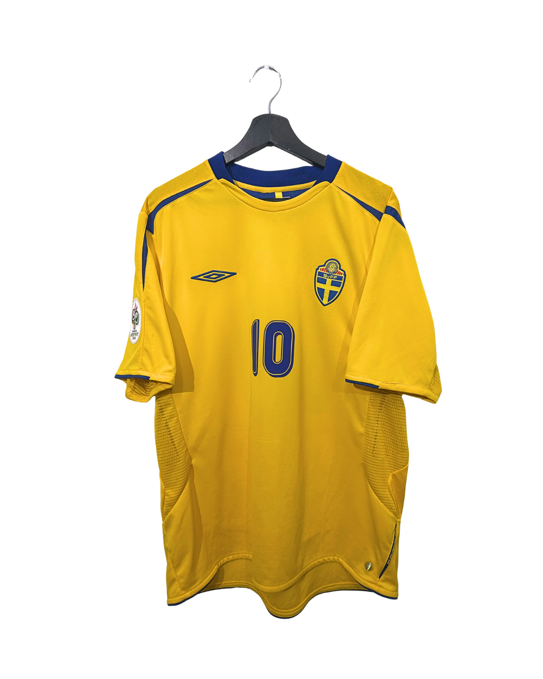 Yellow soccer jersey with blue accents on a hanger against a white background