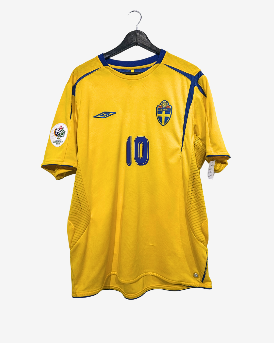 Yellow soccer jersey with blue accents and number 10 on a hanger against a white background