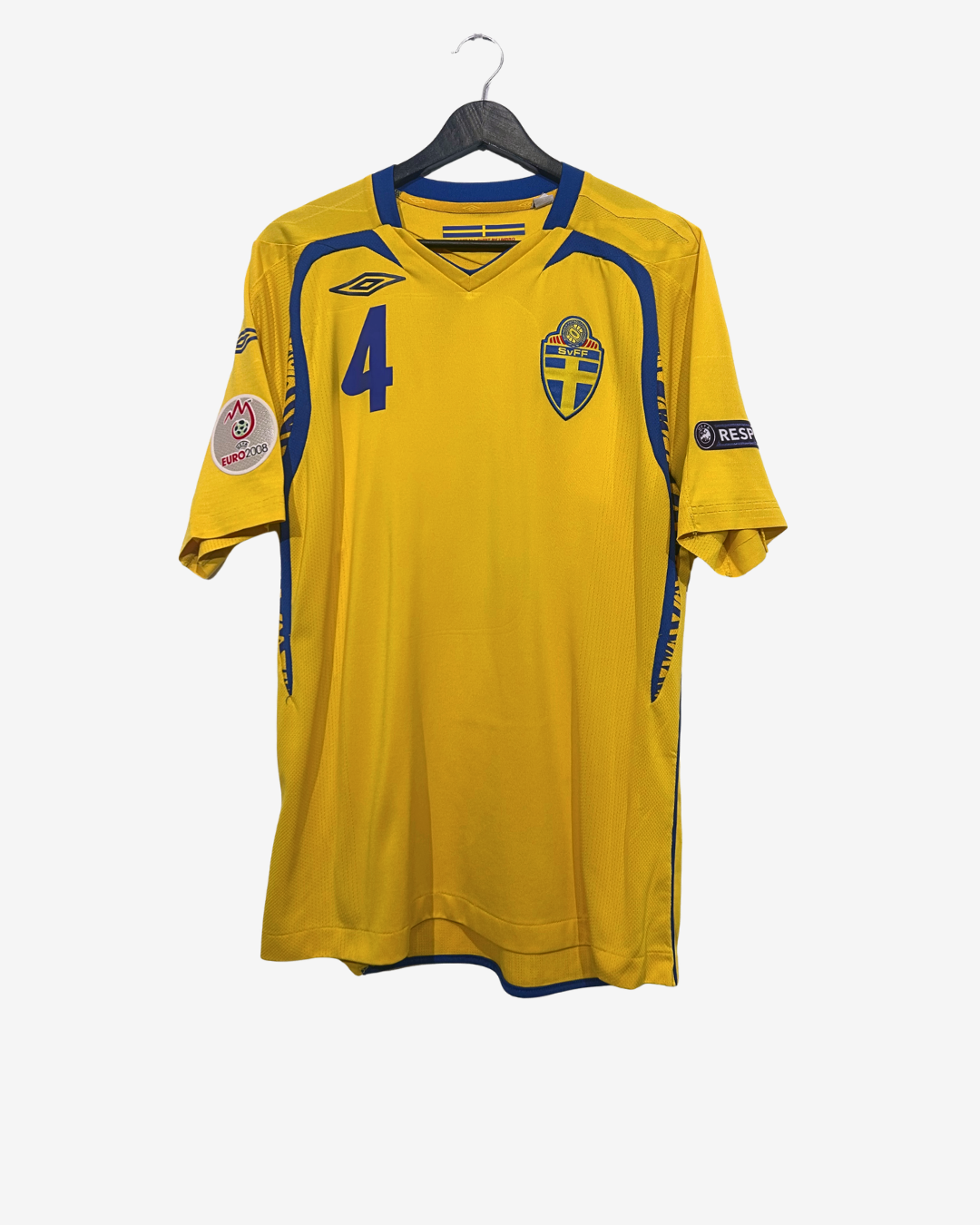 Yellow sports jersey with blue accents on a hanger against a white background